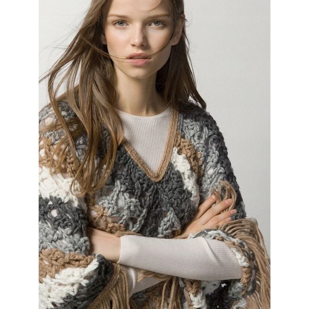 Massimo Dutti Crochet Striped Poncho Alpaca Wool Blend - Picture 3 of 5